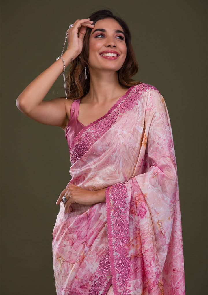 Onion Pink Printed Semi Crepe Saree-Koskii