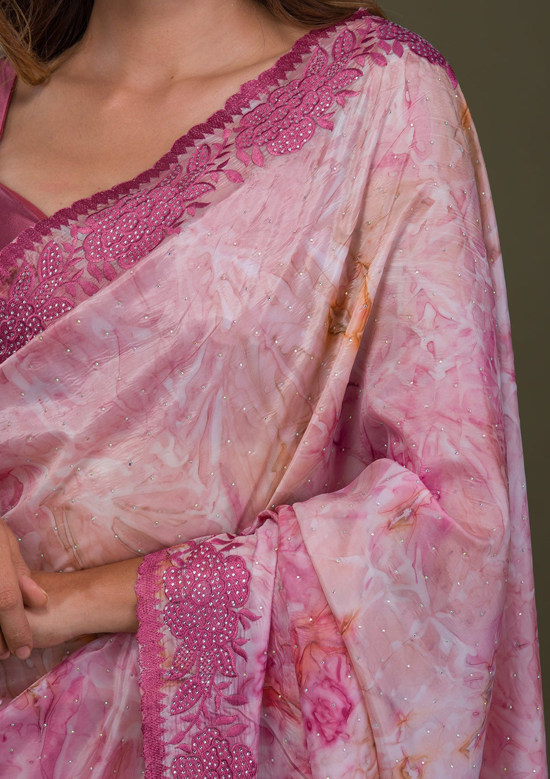 Onion Pink Printed Semi Crepe Saree-Koskii
