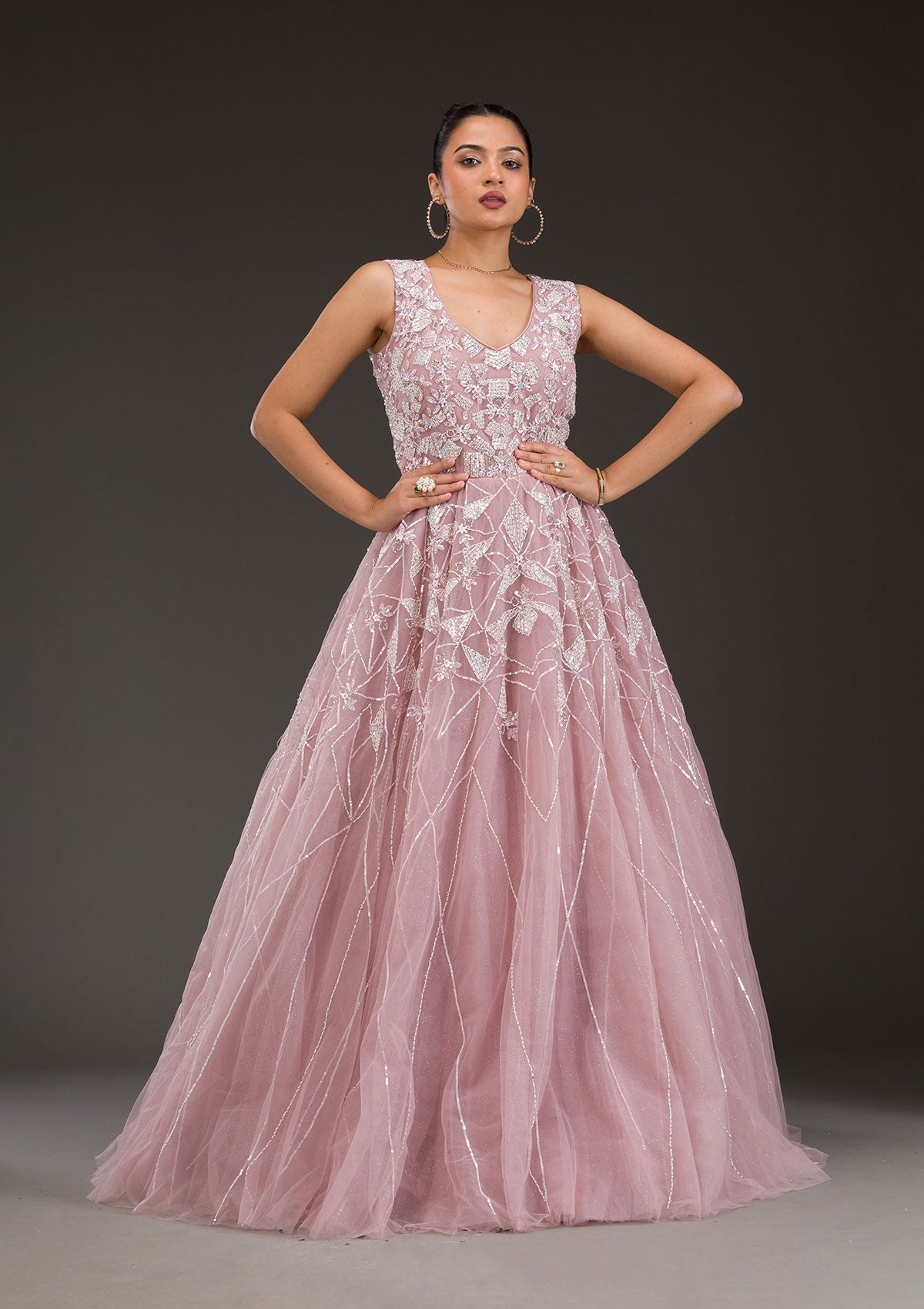 Onion Pink Sequins Net Gown-Koskii