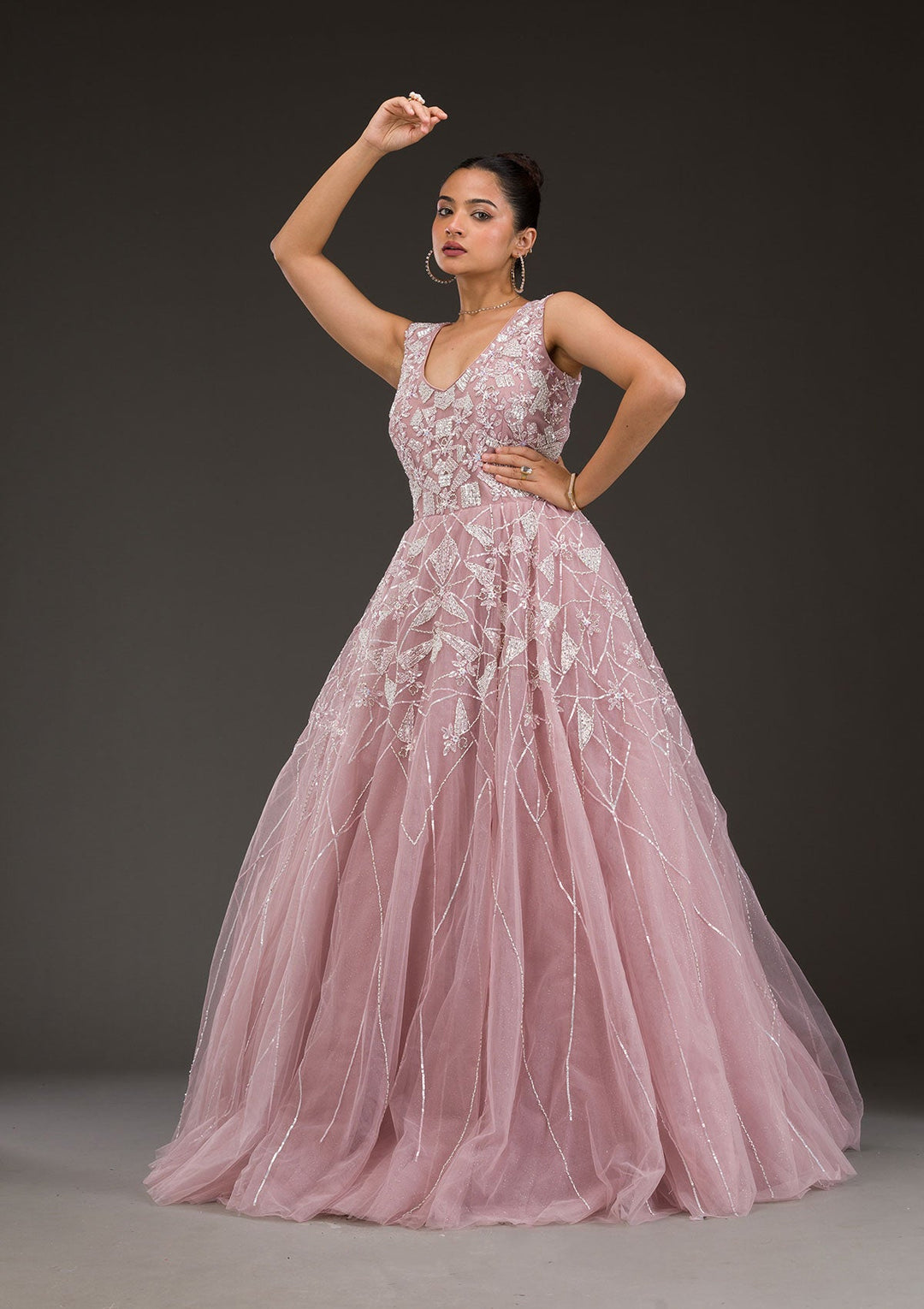 Onion Pink Sequins Net Gown-Koskii