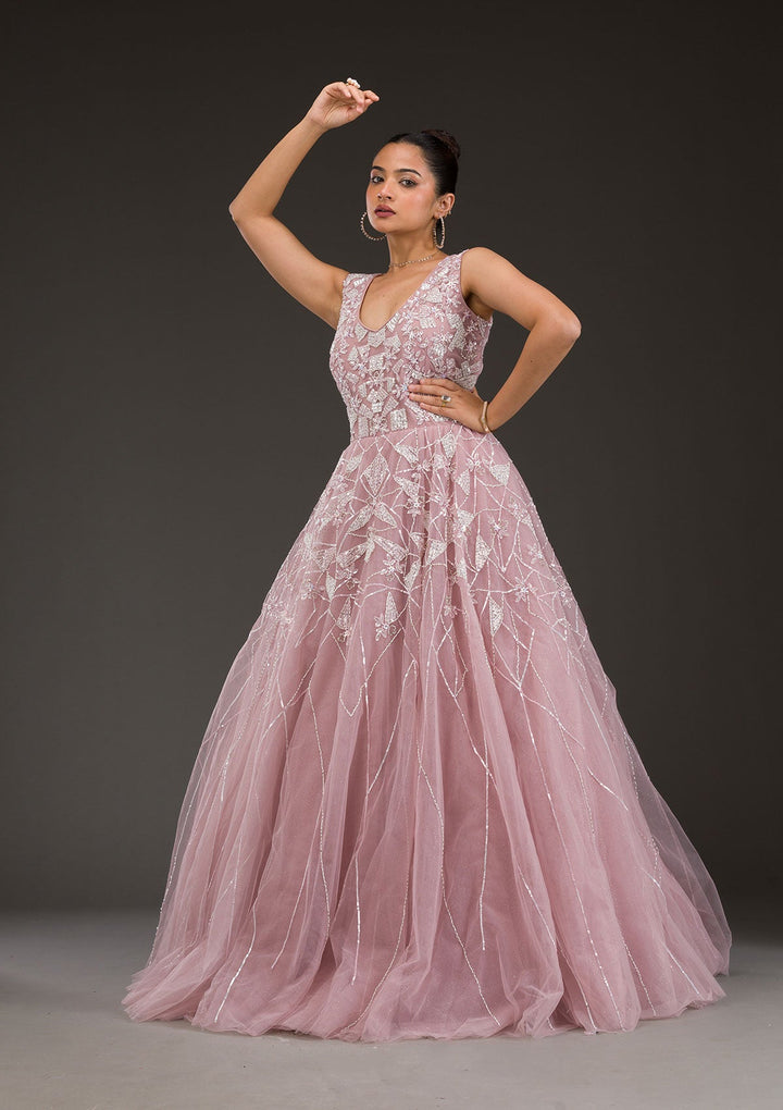 Onion Pink Sequins Net Gown-Koskii