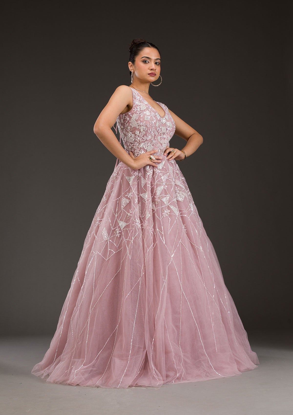 Onion Pink Sequins Net Gown-Koskii