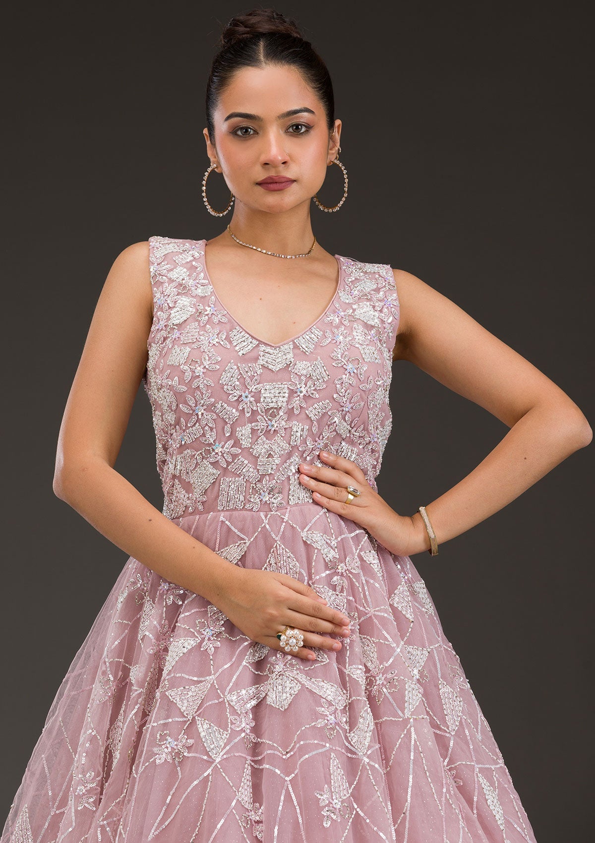 Onion Pink Sequins Net Gown-Koskii