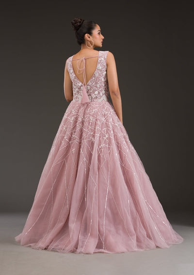 Onion Pink Sequins Net Gown-Koskii