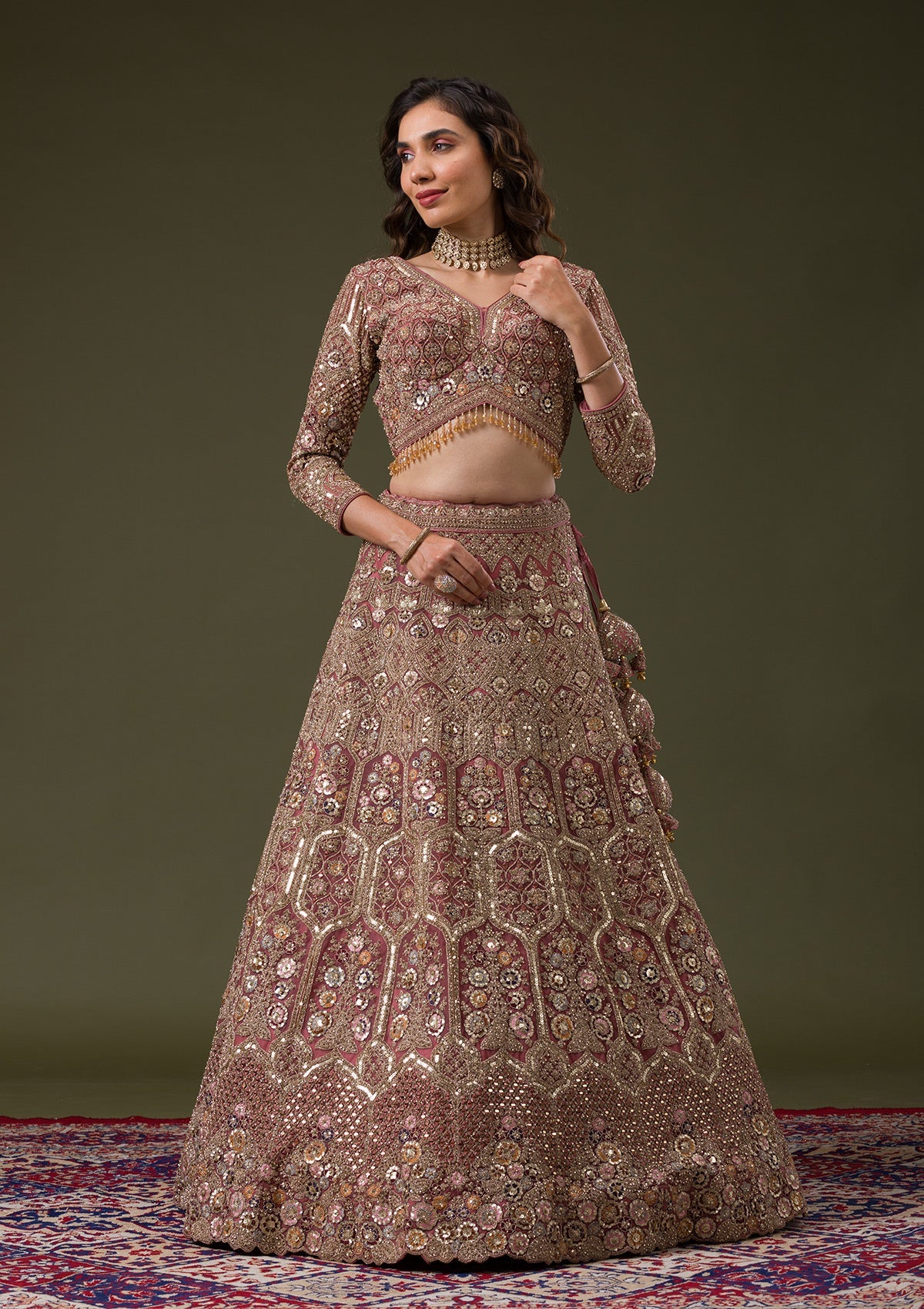 Onion Pink Sequins Net Readymade Lehenga-Koskii