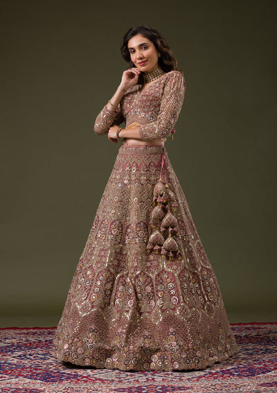 Onion Pink Sequins Net Readymade Lehenga-Koskii