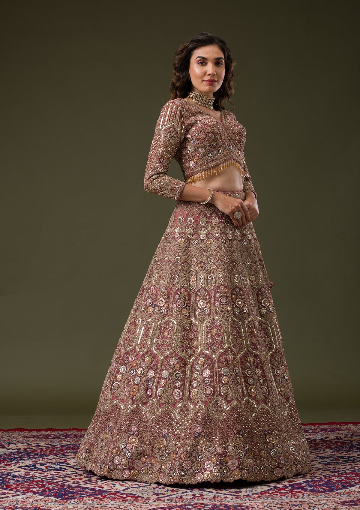 Onion Pink Sequins Net Readymade Lehenga-Koskii