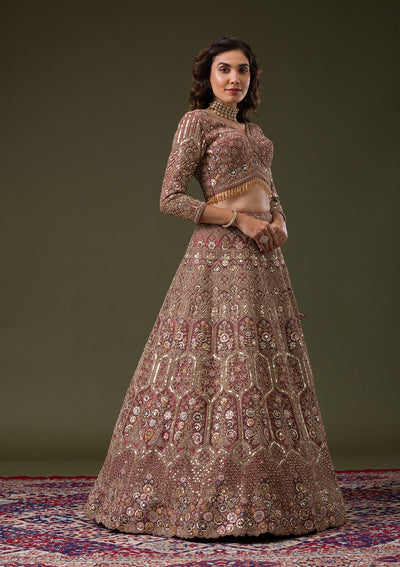 Onion Pink Sequins Net Readymade Lehenga-Koskii