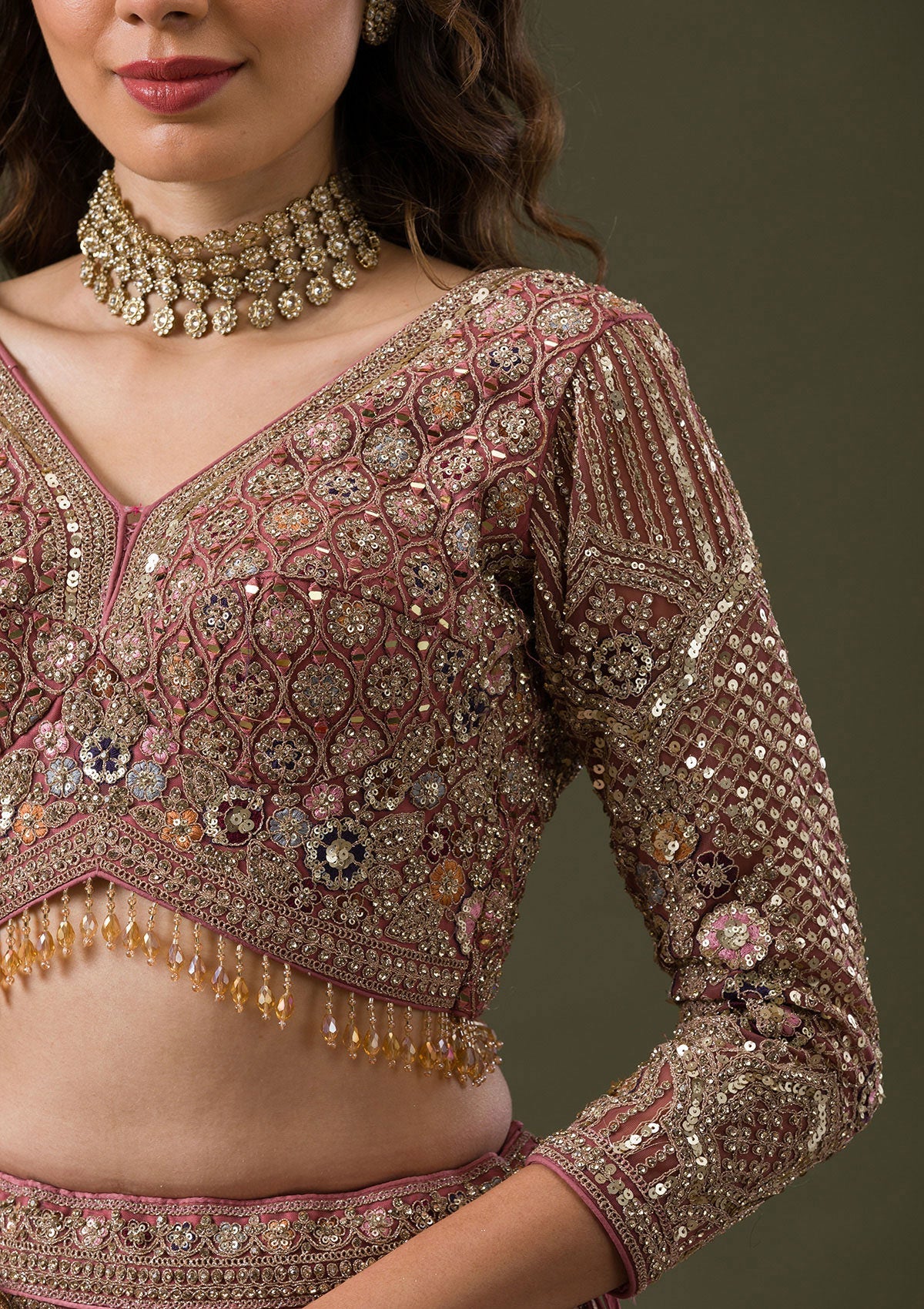 Onion Pink Sequins Net Readymade Lehenga-Koskii