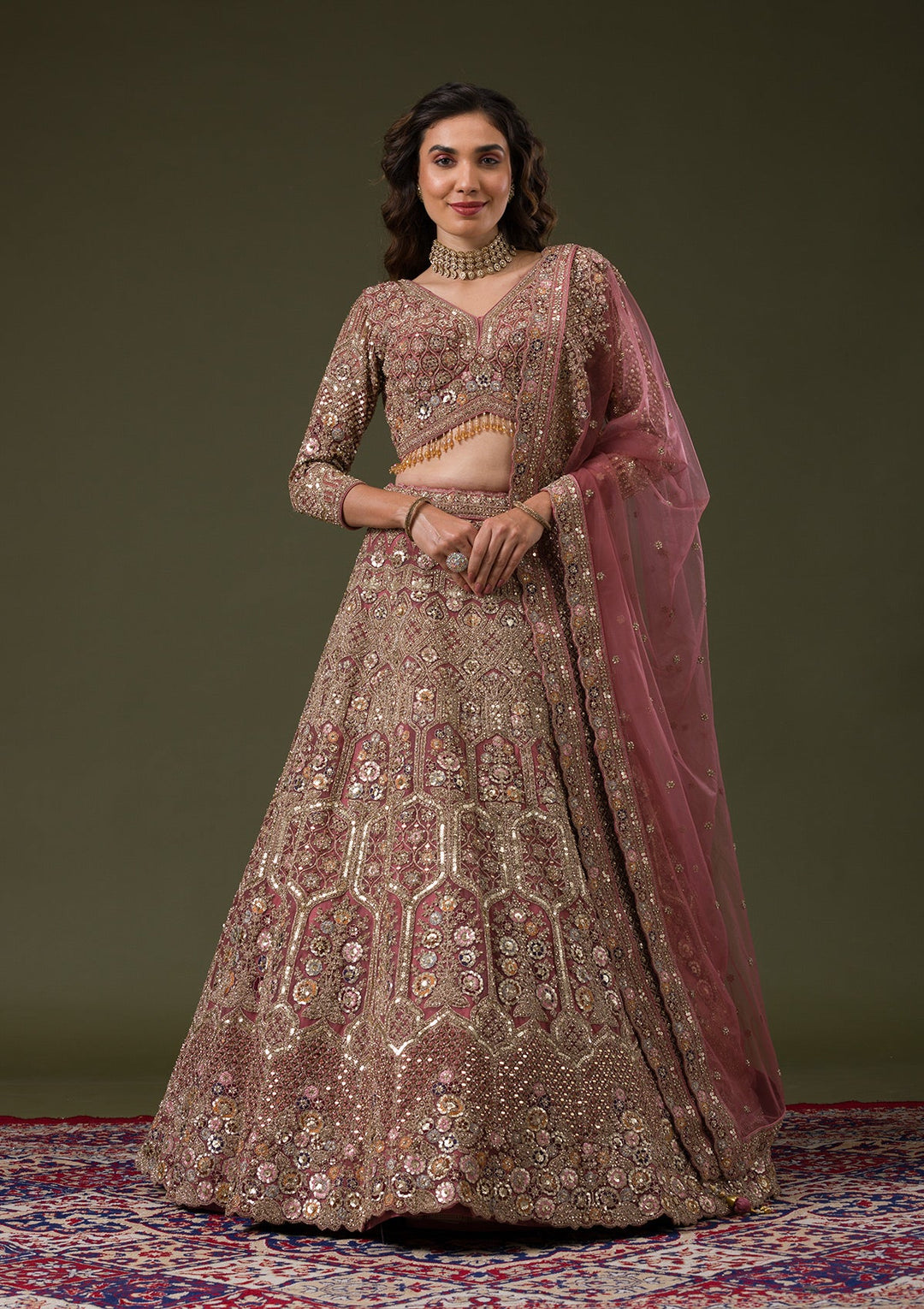 Onion Pink Sequins Net Readymade Lehenga-Koskii