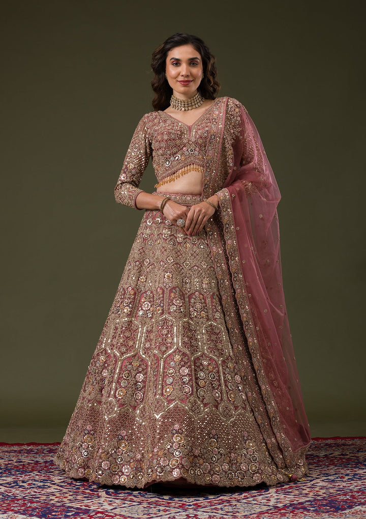 Onion Pink Sequins Net Readymade Lehenga-Koskii