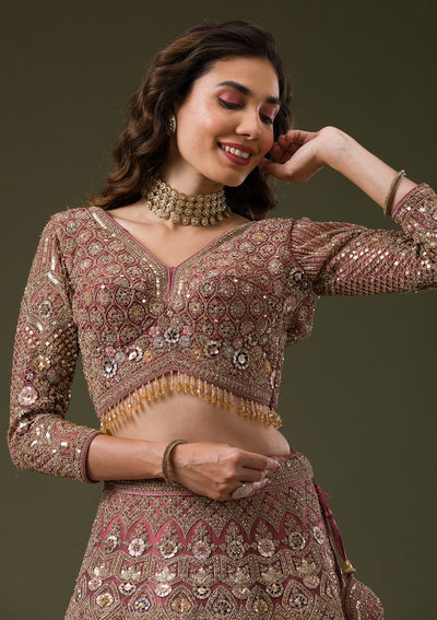 Onion Pink Sequins Net Readymade Lehenga-Koskii