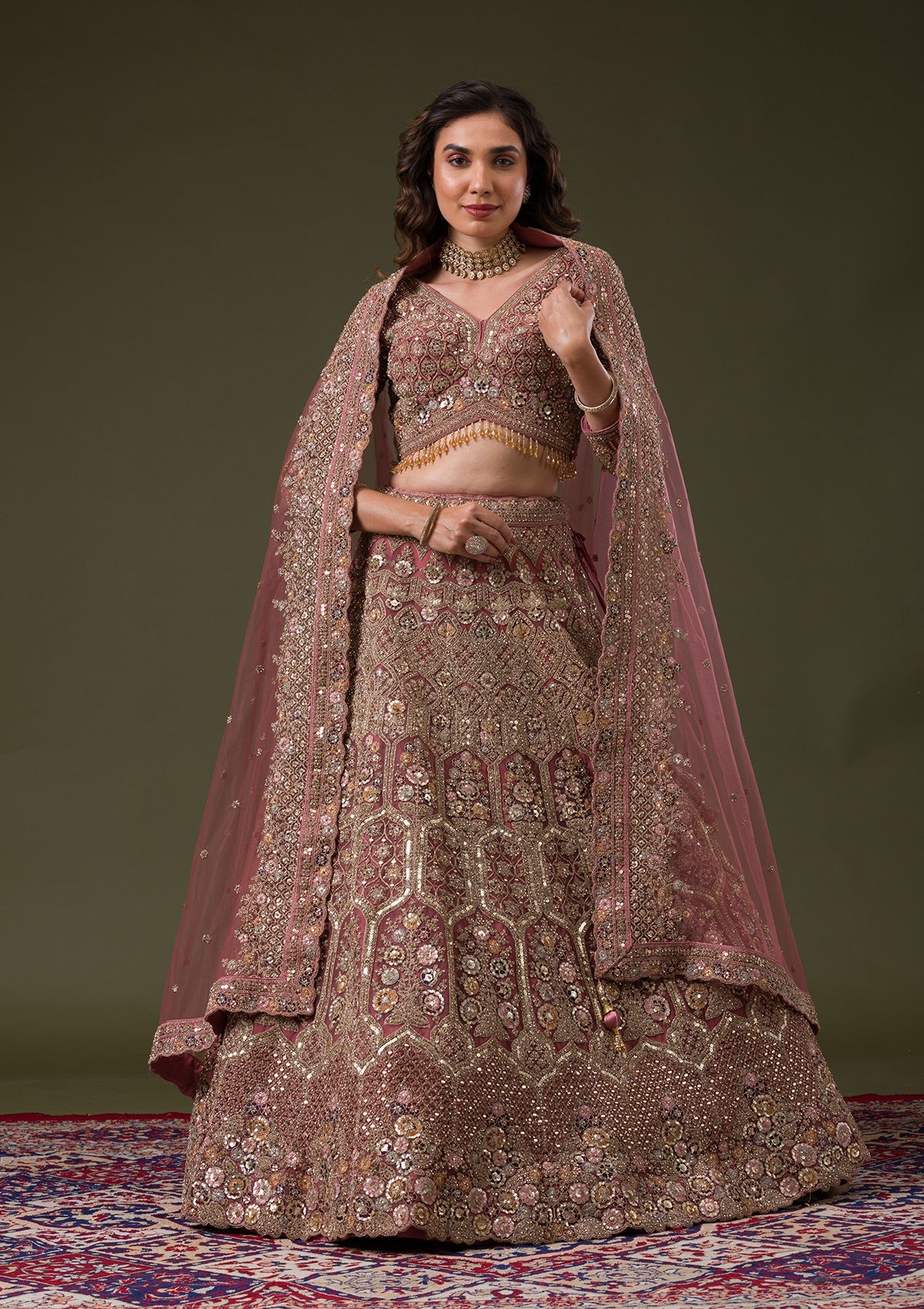 Onion Pink Sequins Net Readymade Lehenga-Koskii