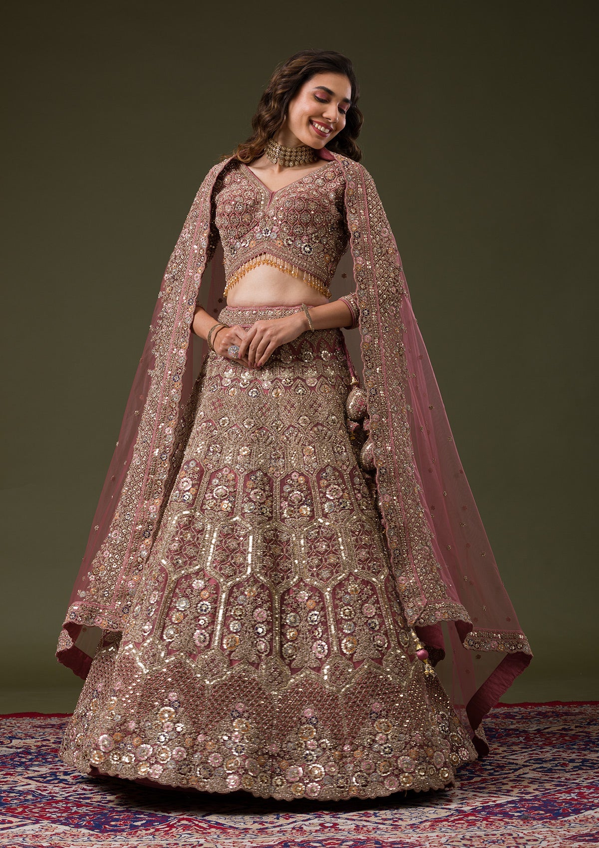 Onion Pink Sequins Net Readymade Lehenga-Koskii