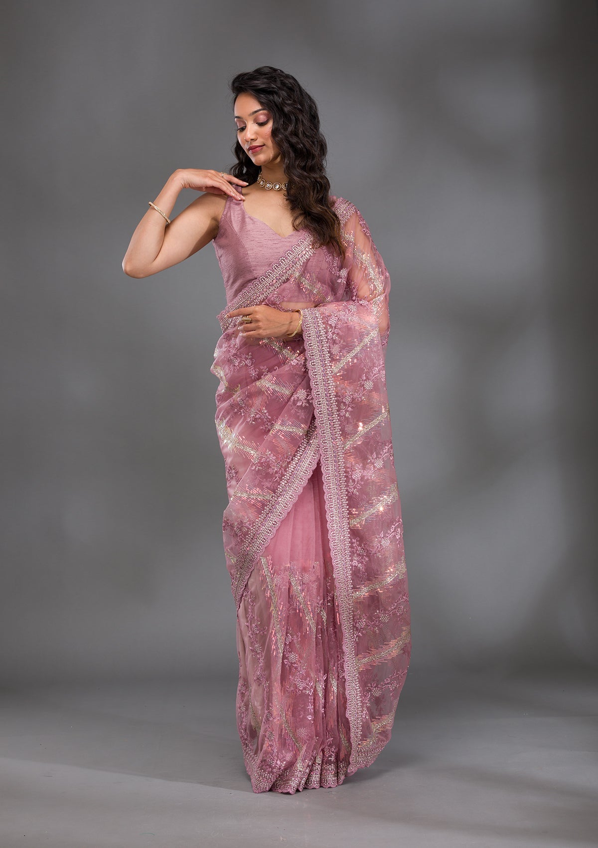 Onion Pink Sequins Net Saree-Koskii