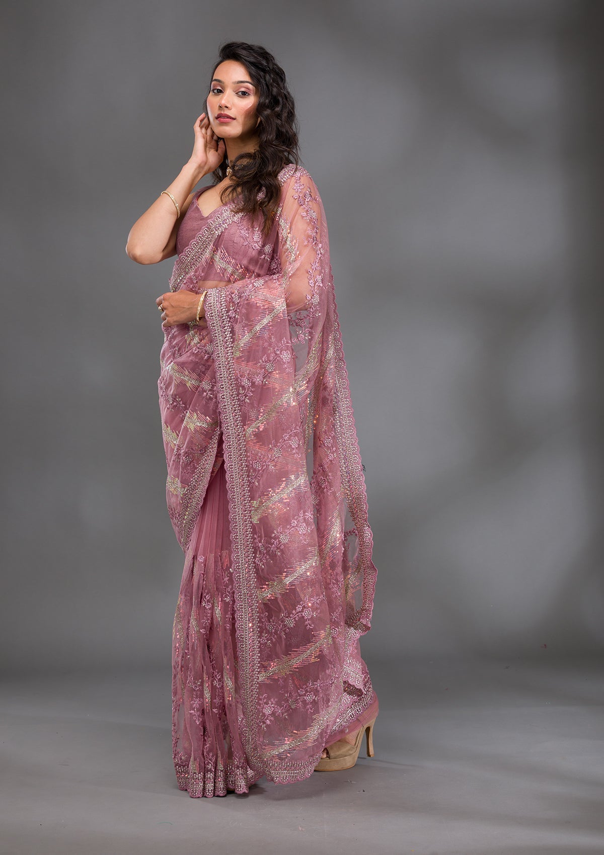 Onion Pink Sequins Net Saree-Koskii