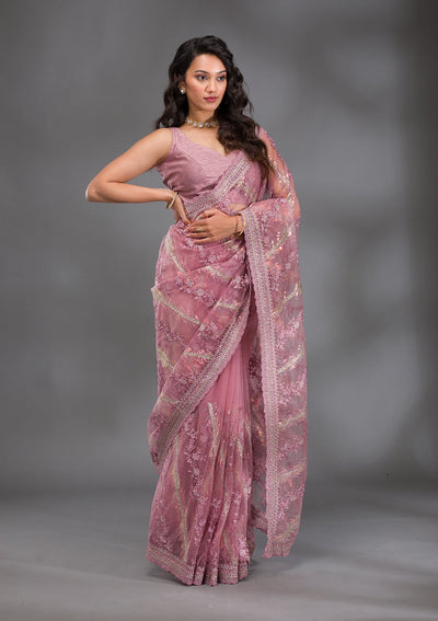 Onion Pink Sequins Net Saree-Koskii