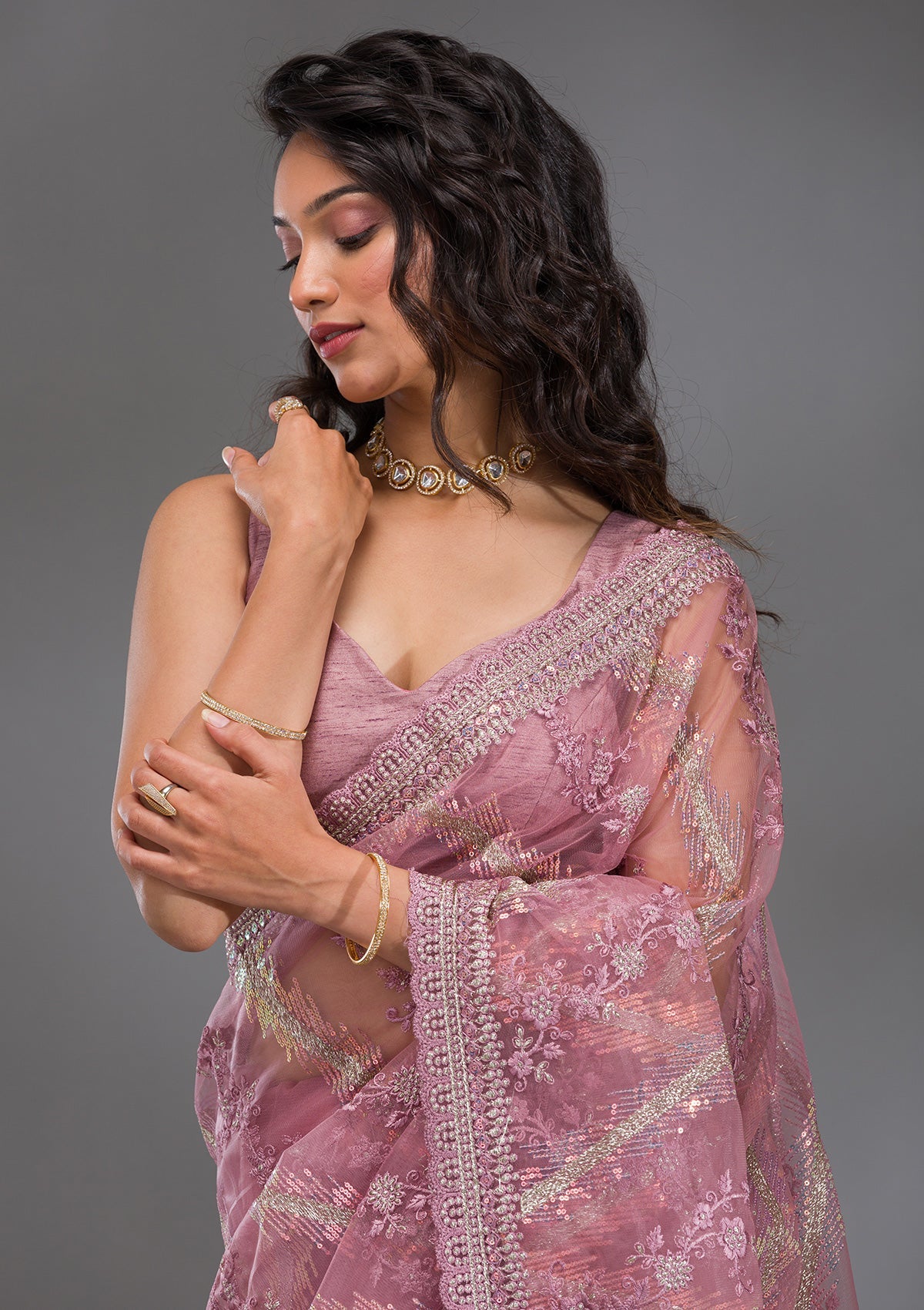 Onion Pink Sequins Net Saree-Koskii