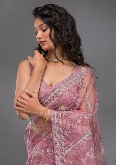 Onion Pink Sequins Net Saree-Koskii