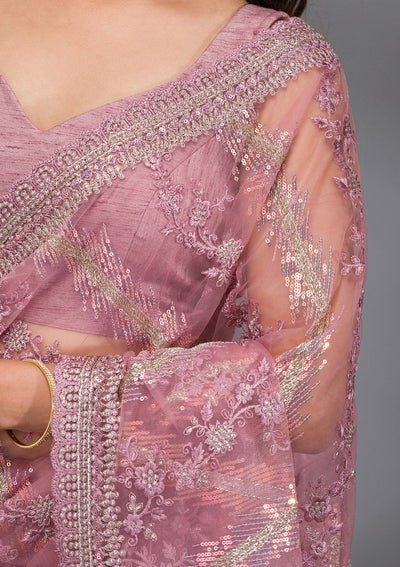 Onion Pink Sequins Net Saree-Koskii