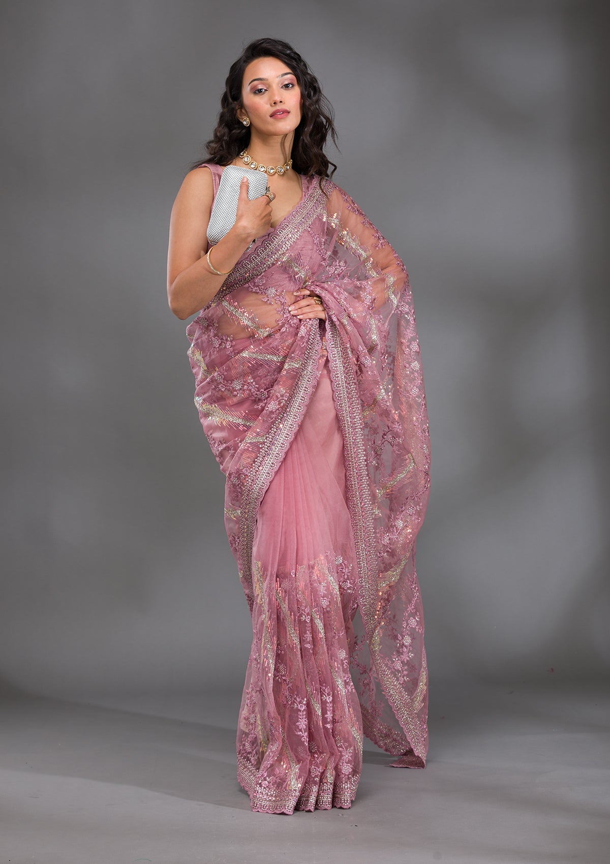 Onion Pink Sequins Net Saree-Koskii