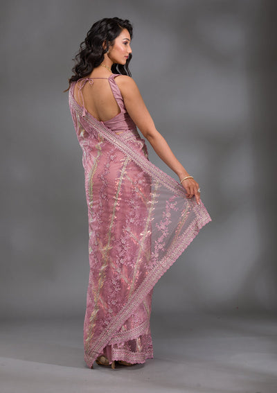 Onion Pink Sequins Net Saree-Koskii