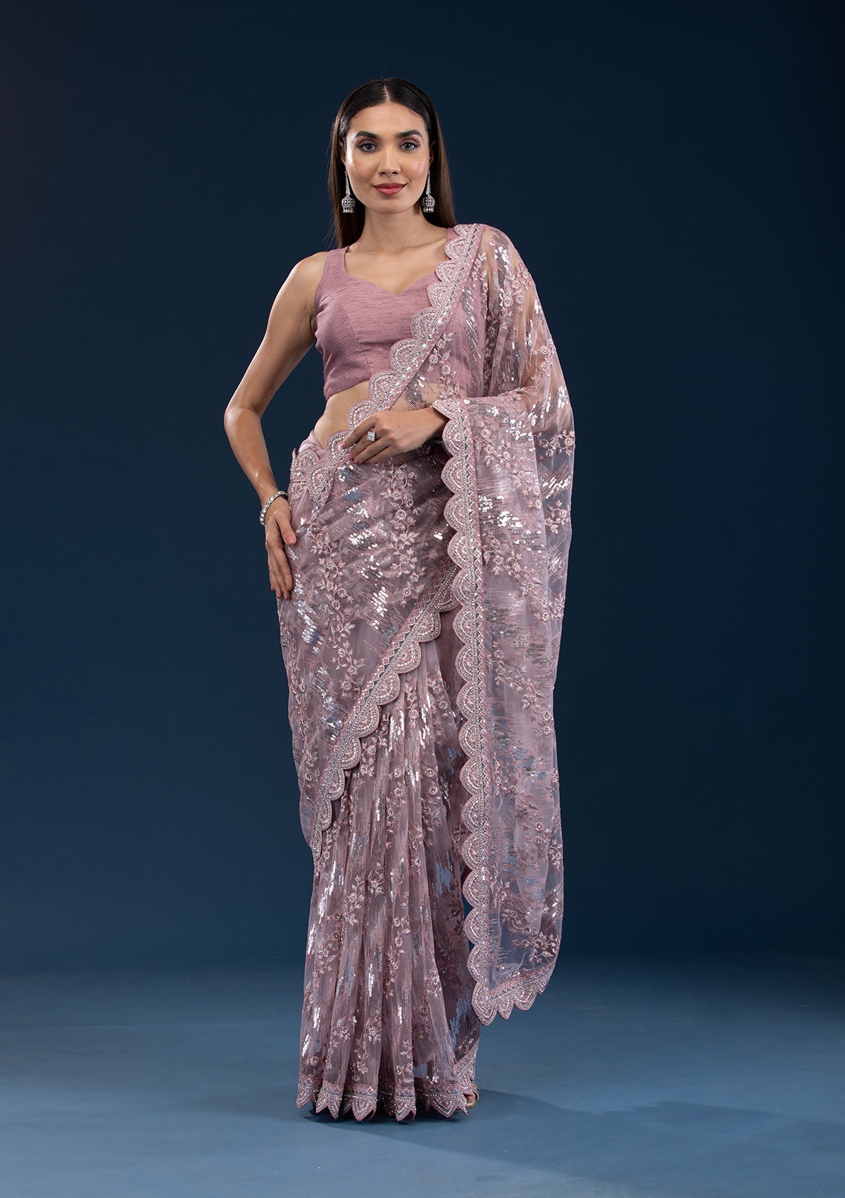 Onion Pink Sequins Net Saree-Koskii