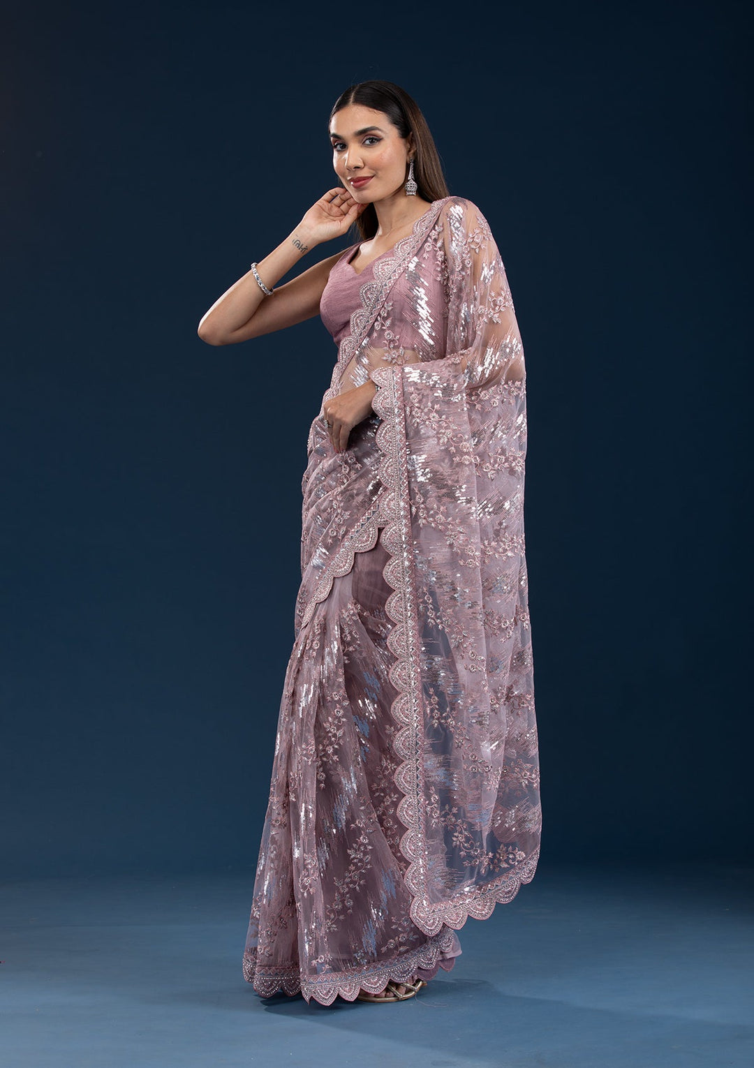 Onion Pink Sequins Net Saree-Koskii