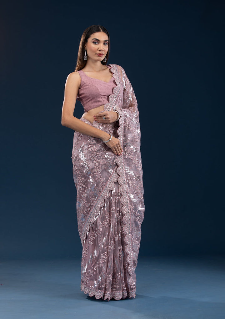 Onion Pink Sequins Net Saree-Koskii
