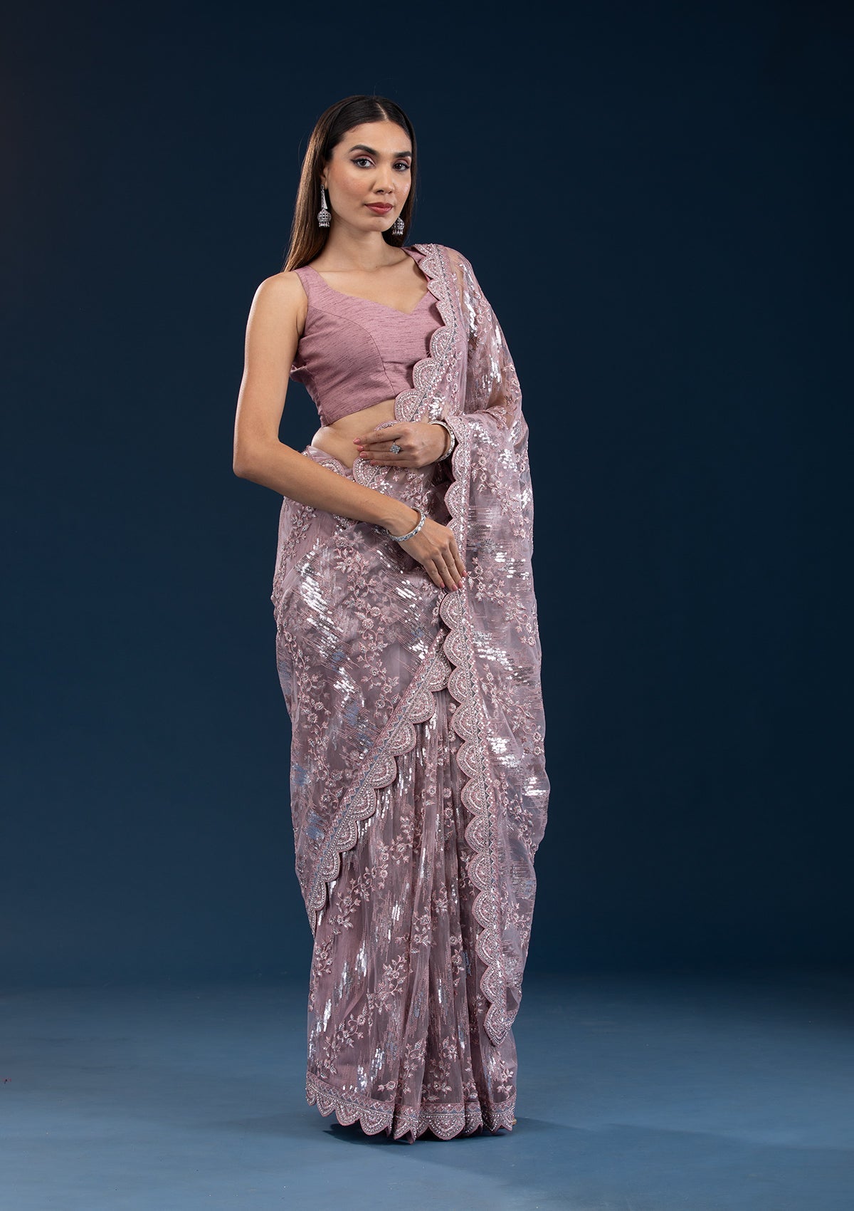 Onion Pink Sequins Net Saree-Koskii