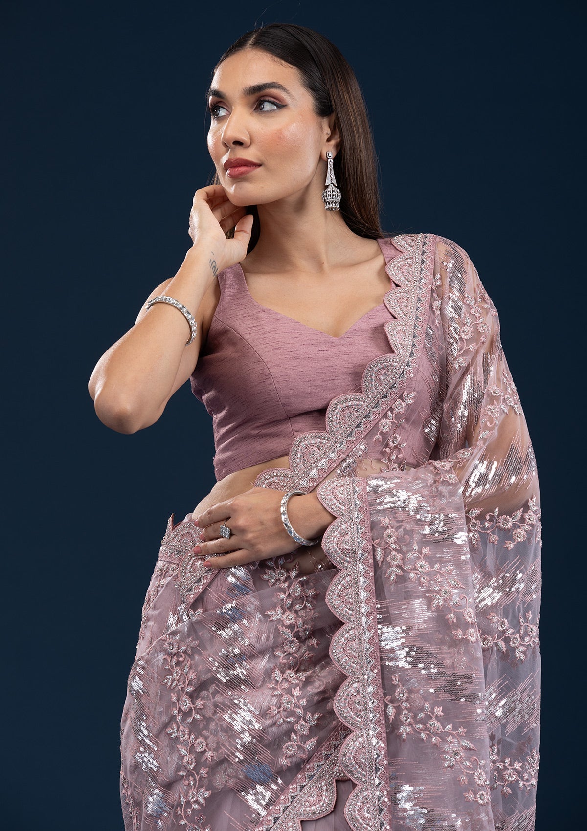 Onion Pink Sequins Net Saree-Koskii