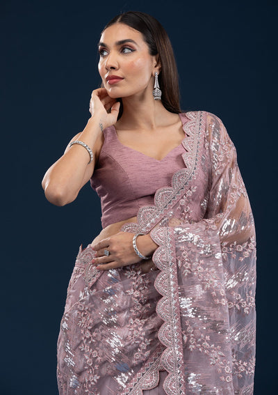 Onion Pink Sequins Net Saree-Koskii