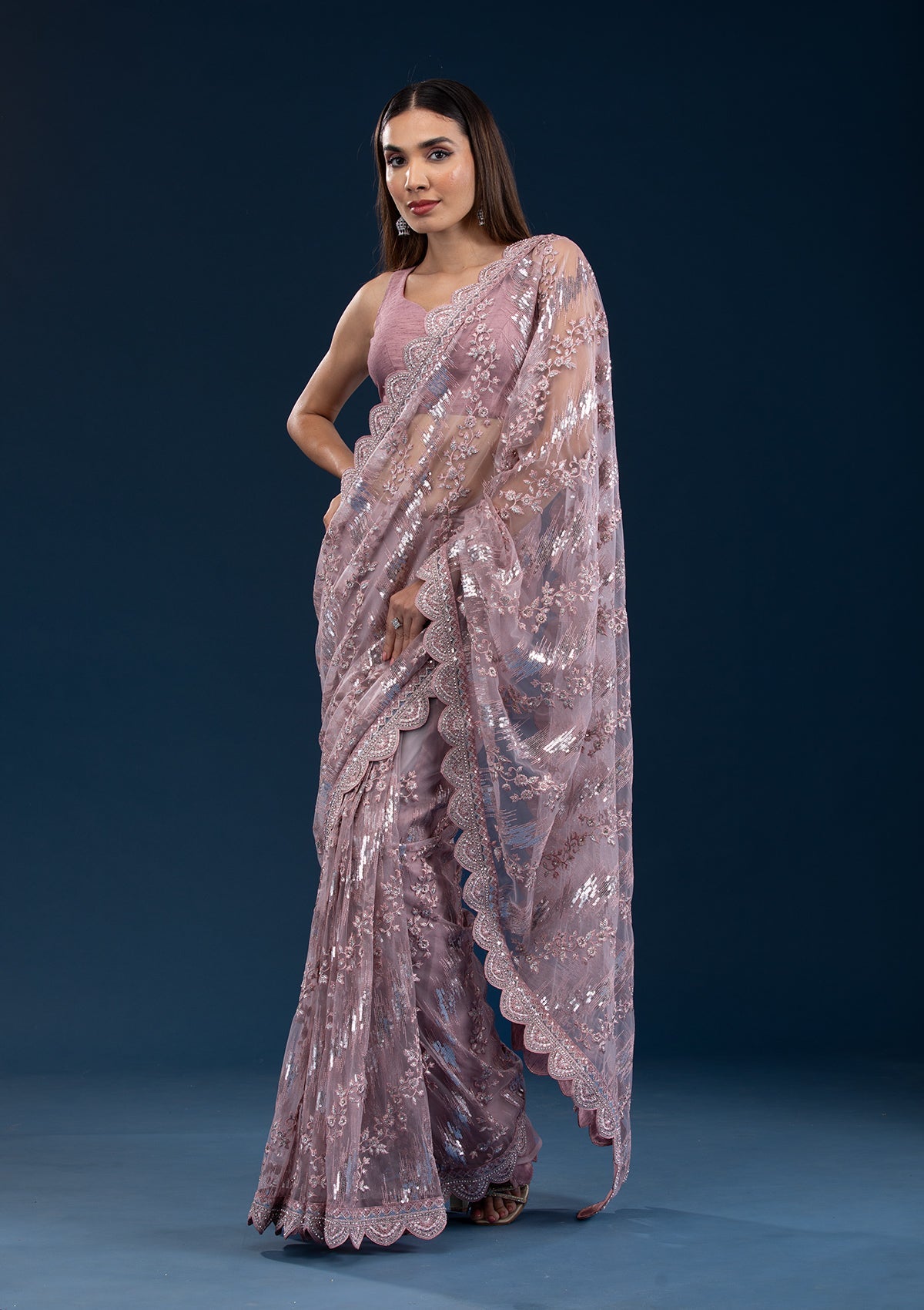 Onion Pink Sequins Net Saree-Koskii