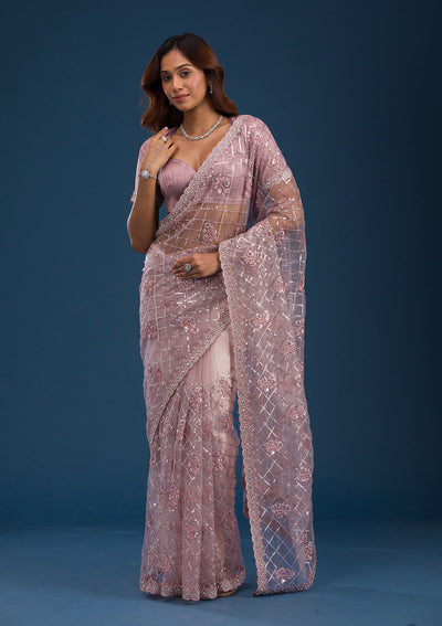 Onion Pink Sequins Net Saree-Koskii