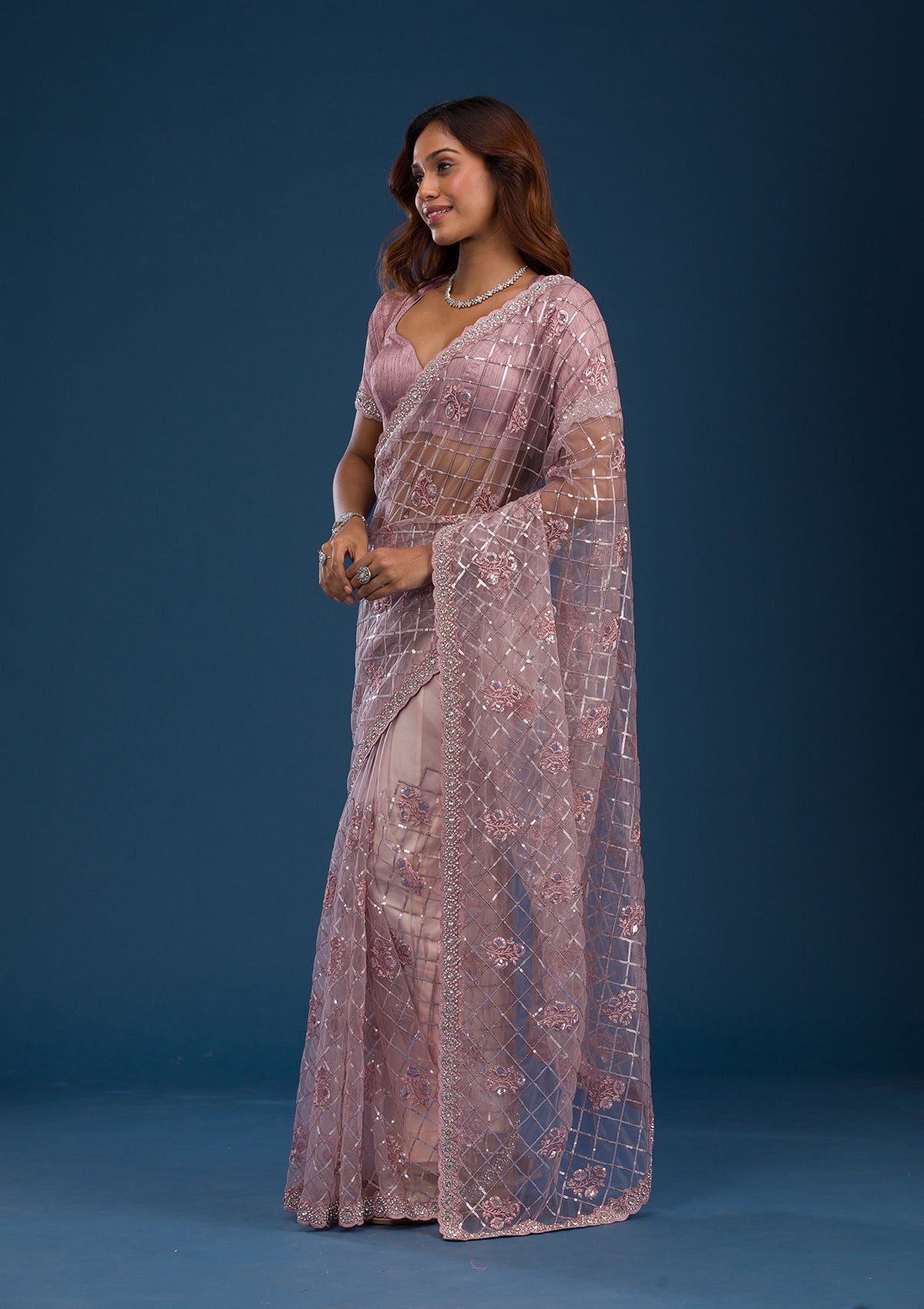 Onion Pink Sequins Net Saree-Koskii