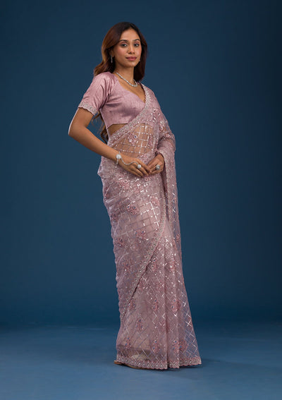 Onion Pink Sequins Net Saree-Koskii