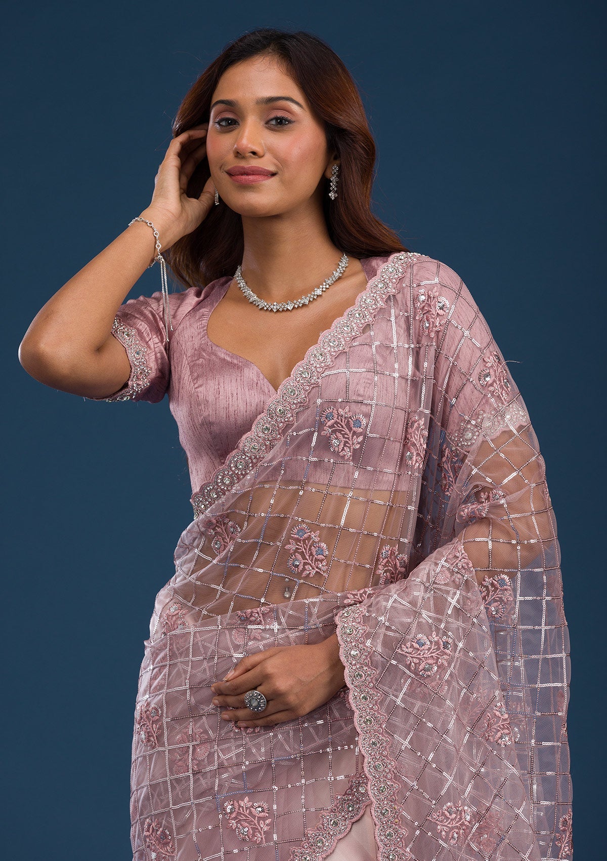 Onion Pink Sequins Net Saree-Koskii