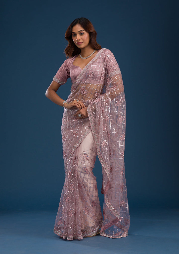 Onion Pink Sequins Net Saree-Koskii