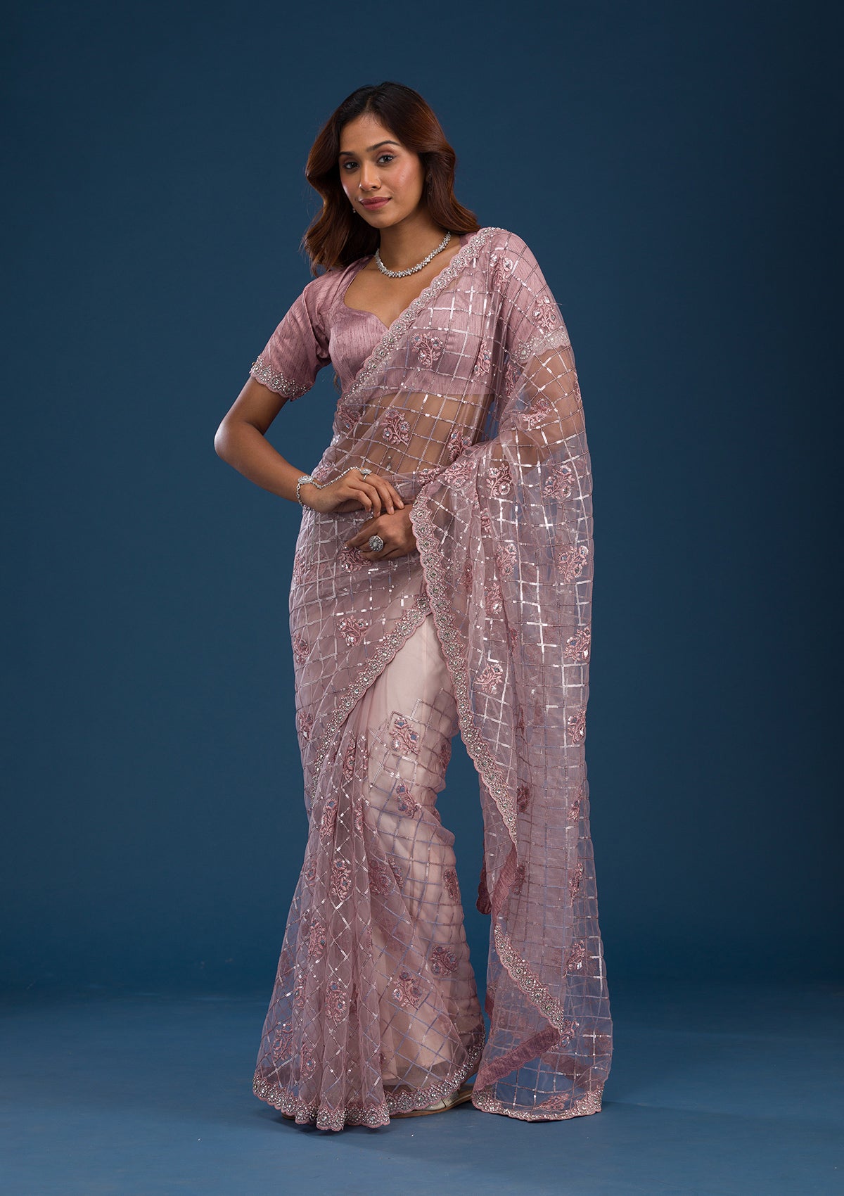 Onion Pink Sequins Net Saree-Koskii