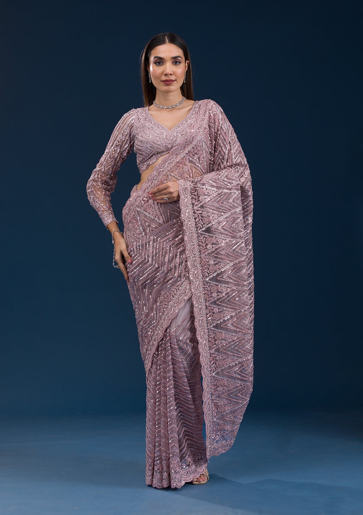 Onion Pink Sequins Net Saree-Koskii