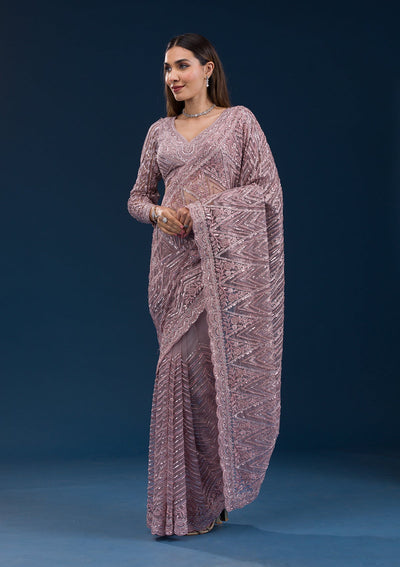 Onion Pink Sequins Net Saree-Koskii