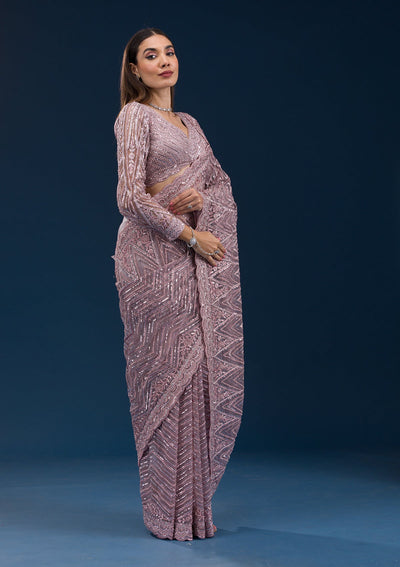 Onion Pink Sequins Net Saree-Koskii