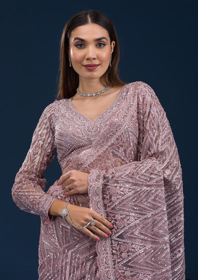 Onion Pink Sequins Net Saree-Koskii