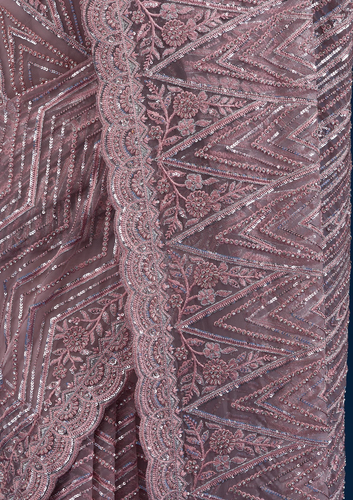 Onion Pink Sequins Net Saree-Koskii