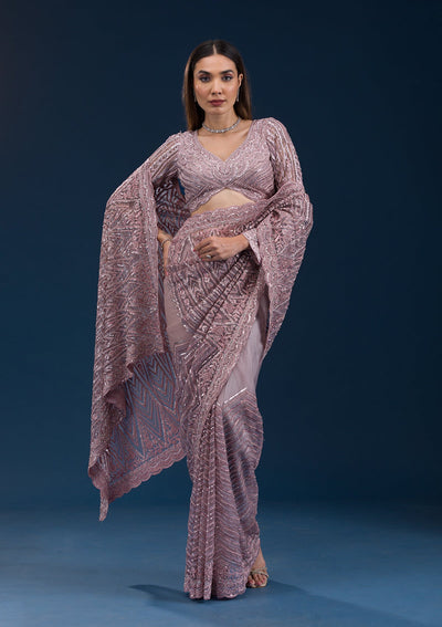 Onion Pink Sequins Net Saree-Koskii