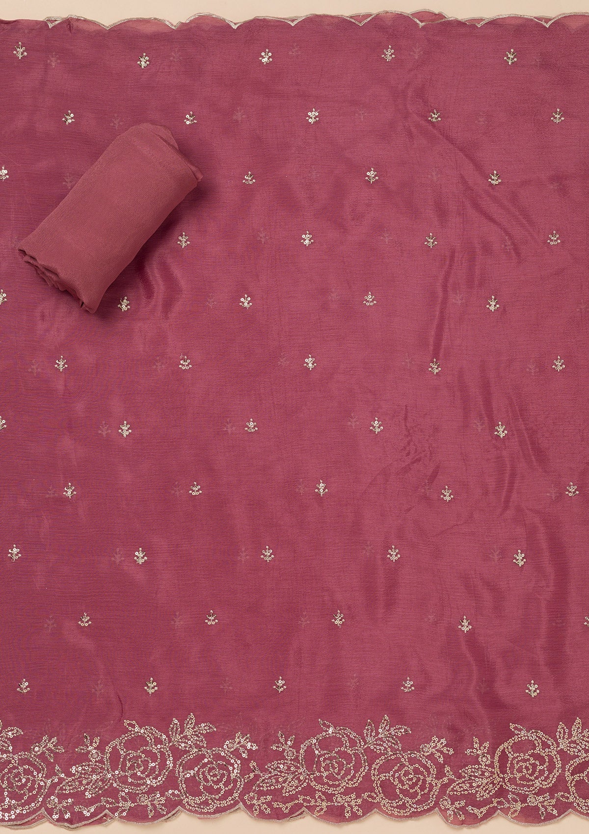 Onion Pink Sequins Semi Crepe Unstitched Salwar Suit-Koskii