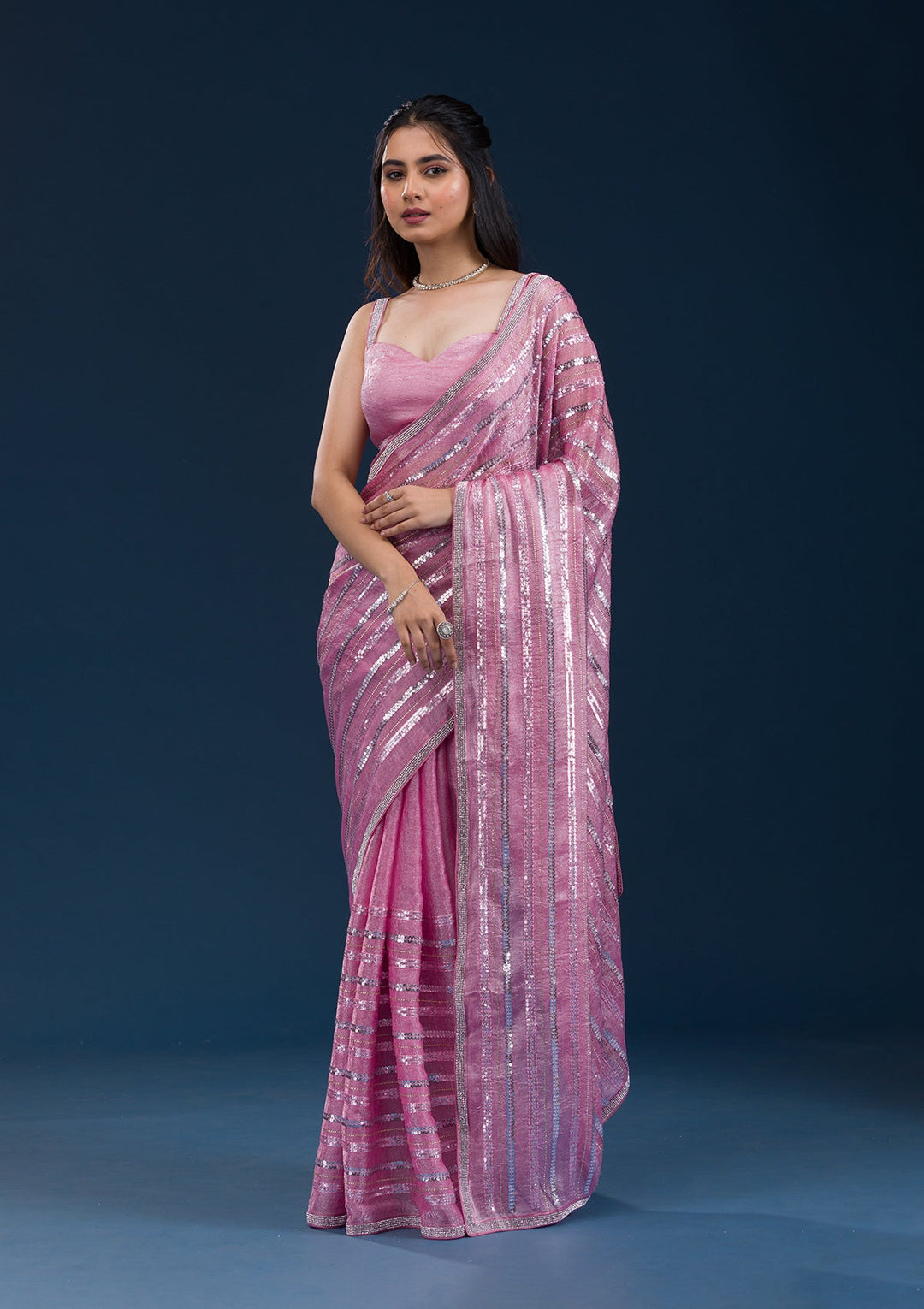 Onion Pink Sequins Semi Crepe Saree-Koskii