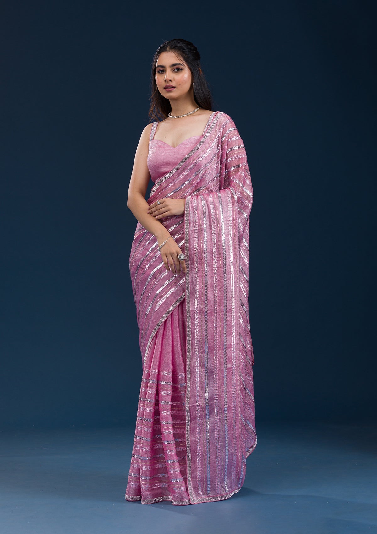 Onion Pink Sequins Semi Crepe Saree-Koskii