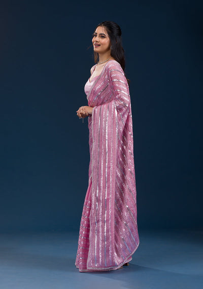 Onion Pink Sequins Semi Crepe Saree-Koskii