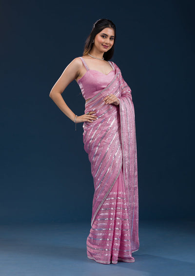 Onion Pink Sequins Semi Crepe Saree-Koskii